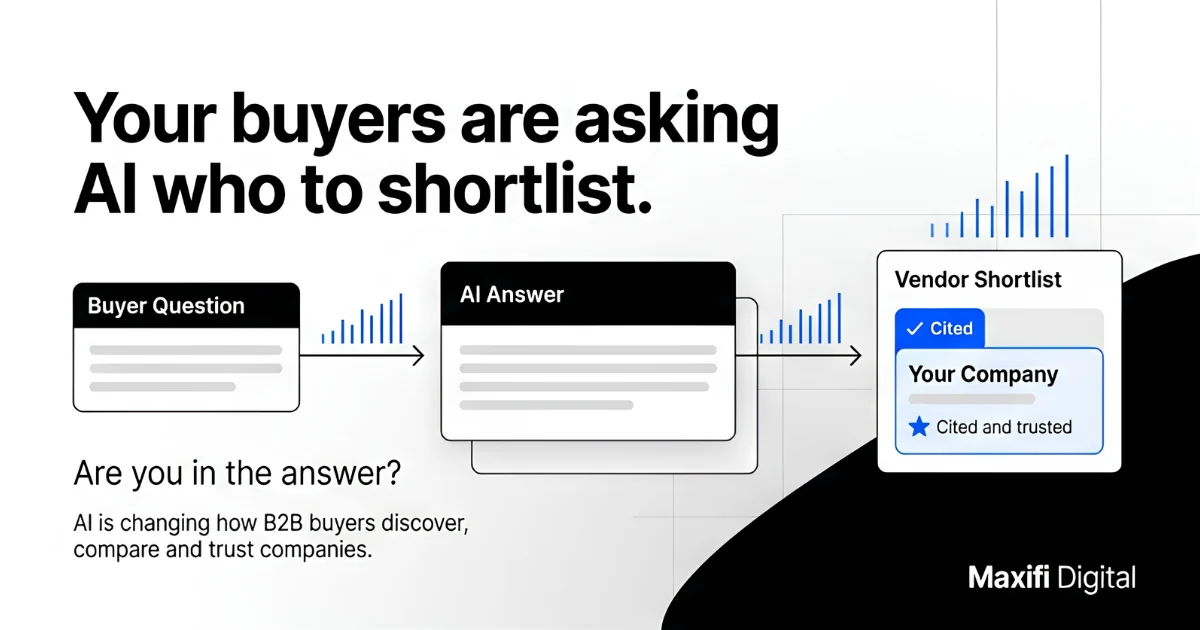 A buyer question flows into an AI answer, which produces a vendor shortlist where a cited company is marked trusted